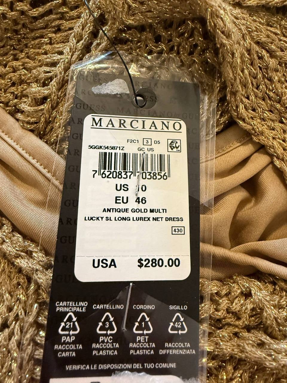 Marciano Lucky Lurex Net Maxi Dress – 10 – Gold – NWT – Flawed – $280