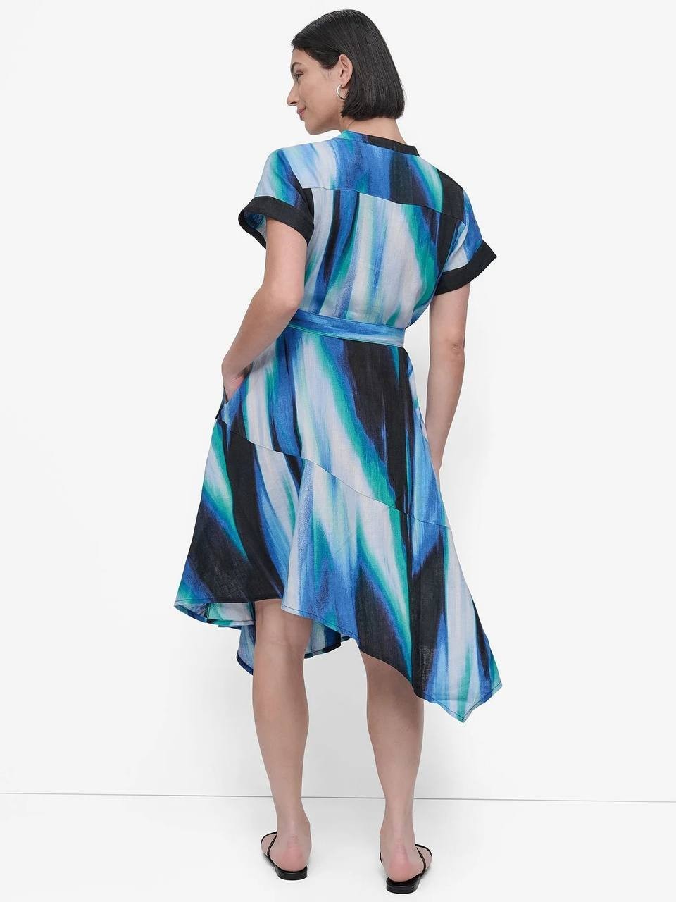 DKNY Printed Linen Short‑Sleeve Wrap Dress Caribbean Multi 12 NWT $159