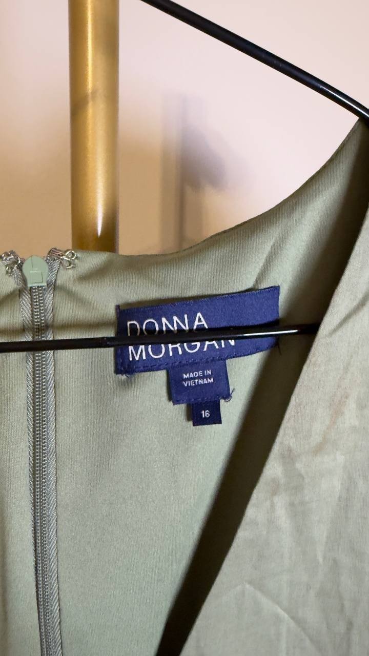 Donna Morgan Puff‑Sleeve V‑Neck Mini Dress Oil Green 16 NWOT $138