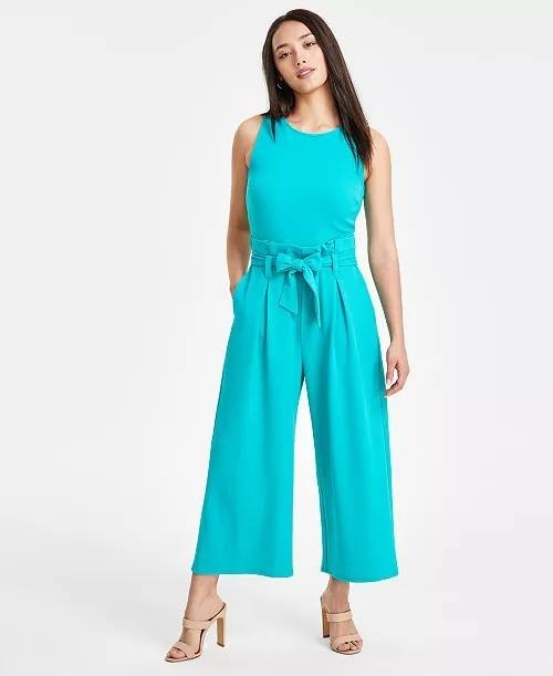 Bar III Petite Jumpsuit PL Palmetto Green Sleeveless Tie-Waist NWT