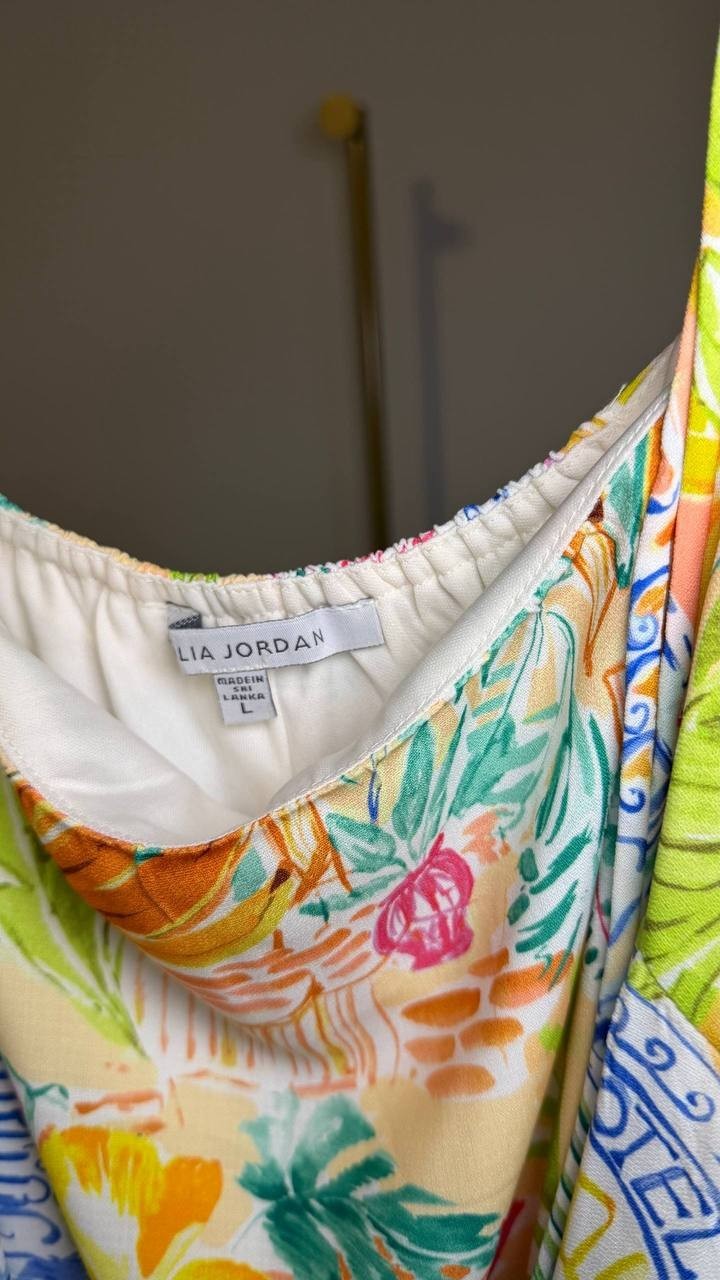 Julia Jordan Straight‑Neck Sleeveless Printed Dress Ivory Multi L NWT $129