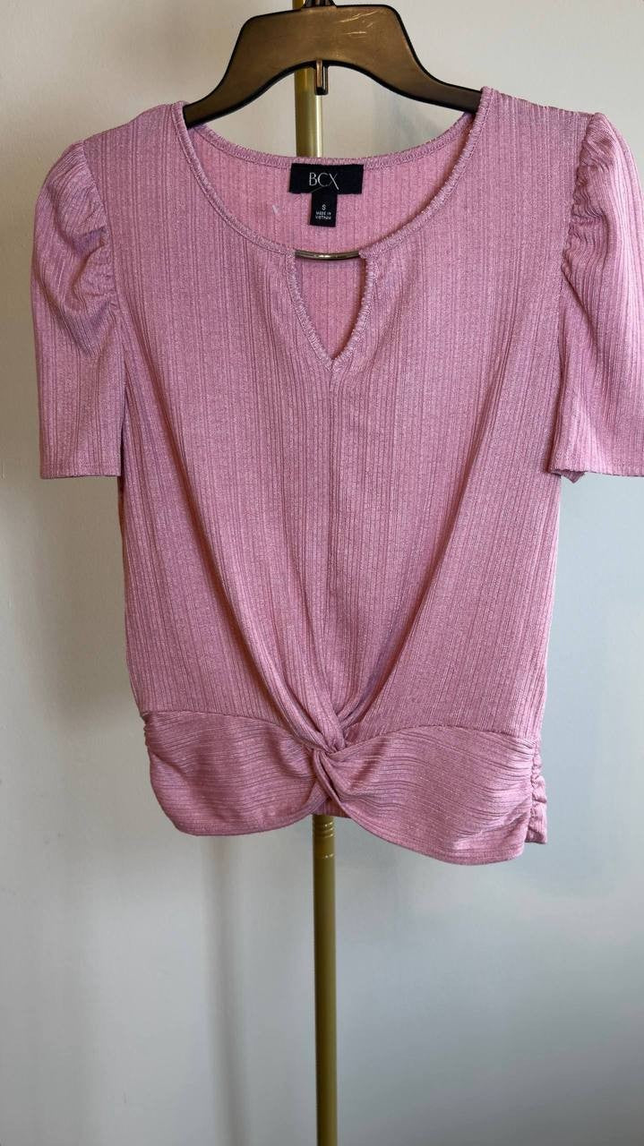 BCX Ribbed Puff‑Sleeve Keyhole Top Rose Pink S NWOT $39
