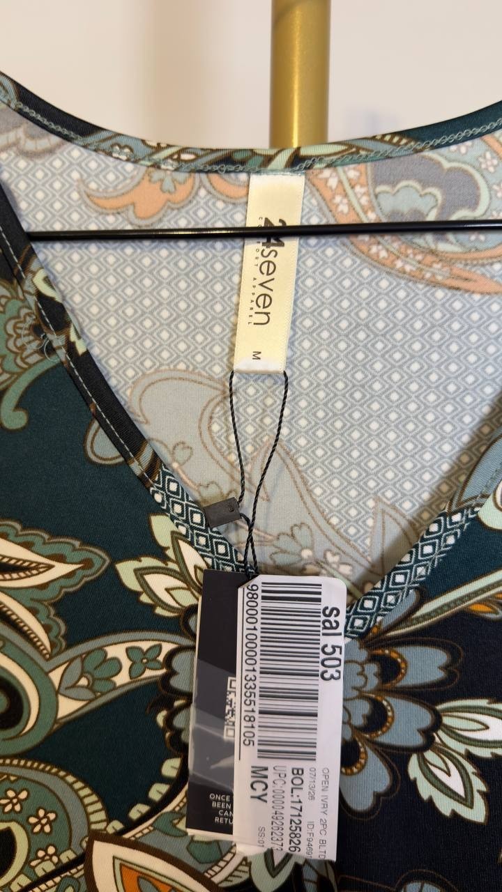 24seven Comfort Apparel Women’s Floral Print V‑Neck Top Blue/Ivory M NWT $67