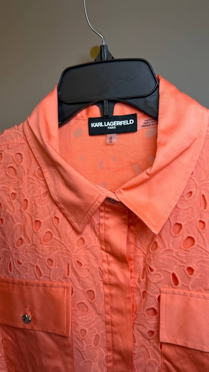 Karl Lagerfeld Paris Eyelet Cotton Shirt Red M NWT $129