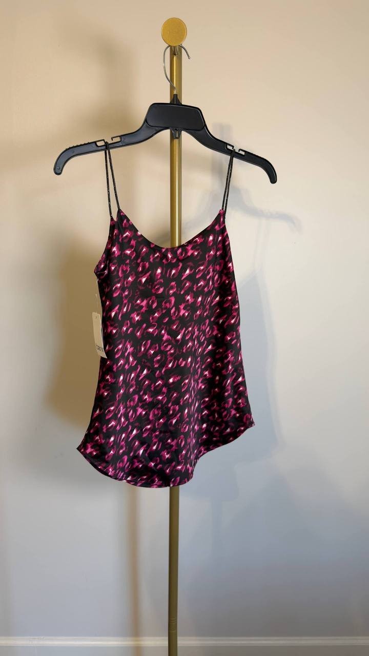 Bar III Satin Animal‑Print Drape‑Neck Top Black/Pink XS NWT $59