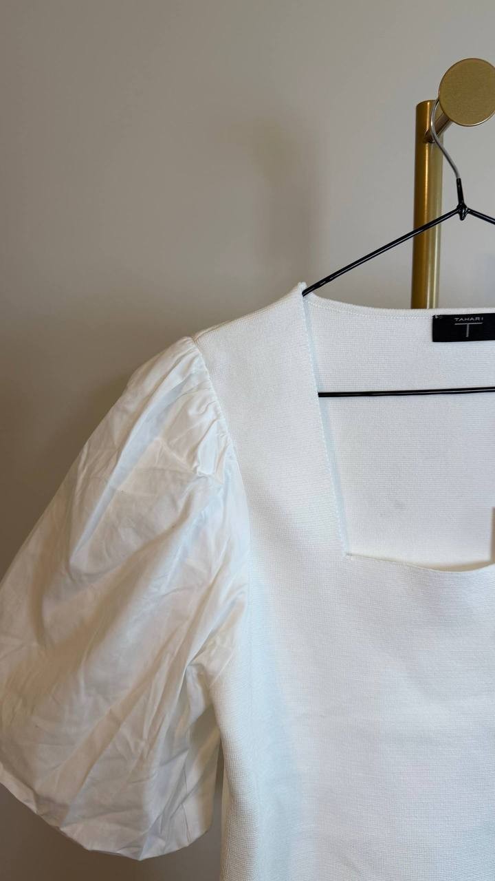 T Tahari Square Neck Top White Star Textured Knit Size XL NWT $88 need wash