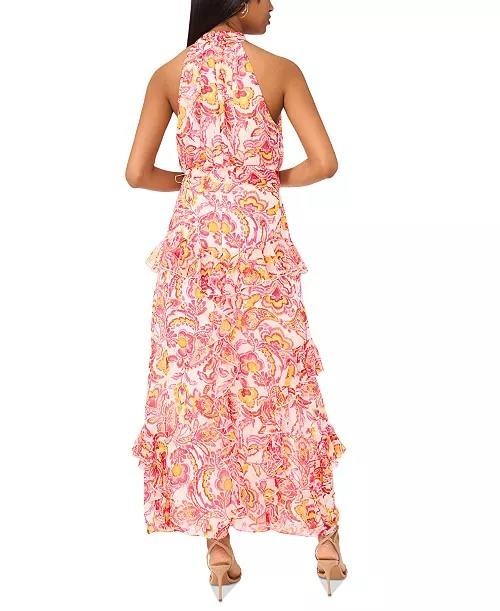 CeCe Printed Sleeveless Tiered‑Ruffle Maxi Dress Magenta 2 NWT $119