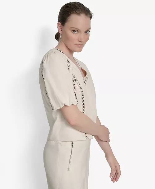 DKNY Top L Beige Cotton Grommet Puff Sleeve V-Neck Lattice Trim Modern