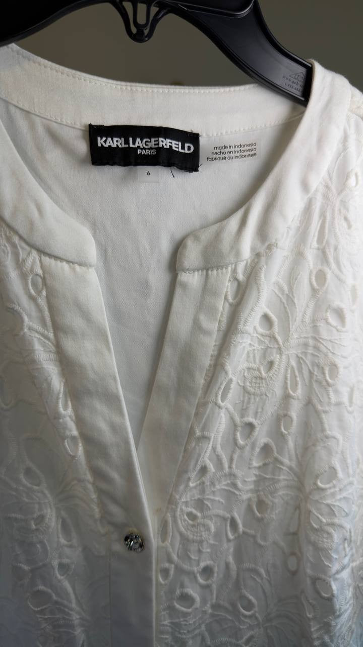 Karl Lagerfeld Cotton Eyelet Button‑Front Dress White 6 NWT $199
