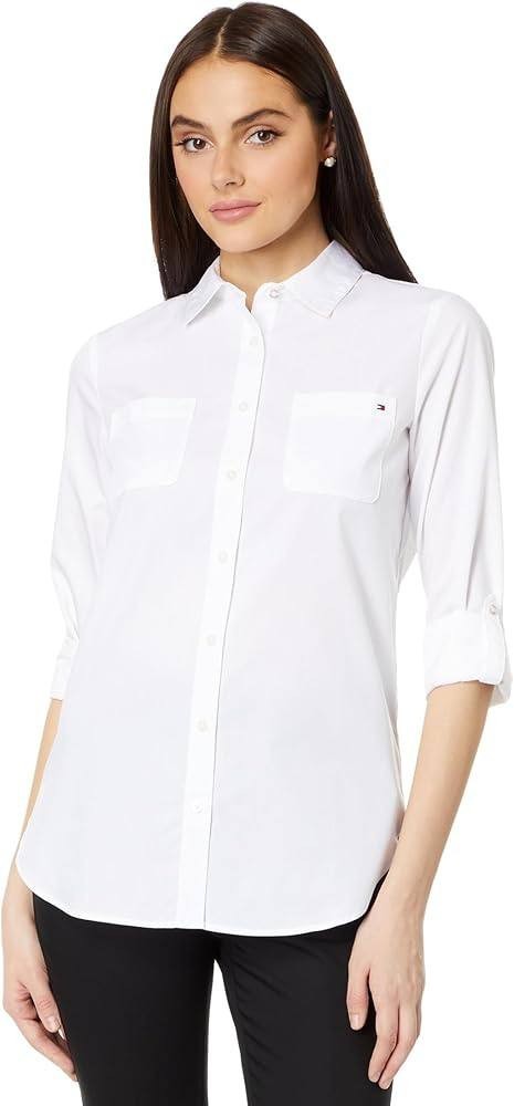 Tommy Hilfiger Tunic M White Long Sleeve Cotton Collared Shirt Curved Hem NWT