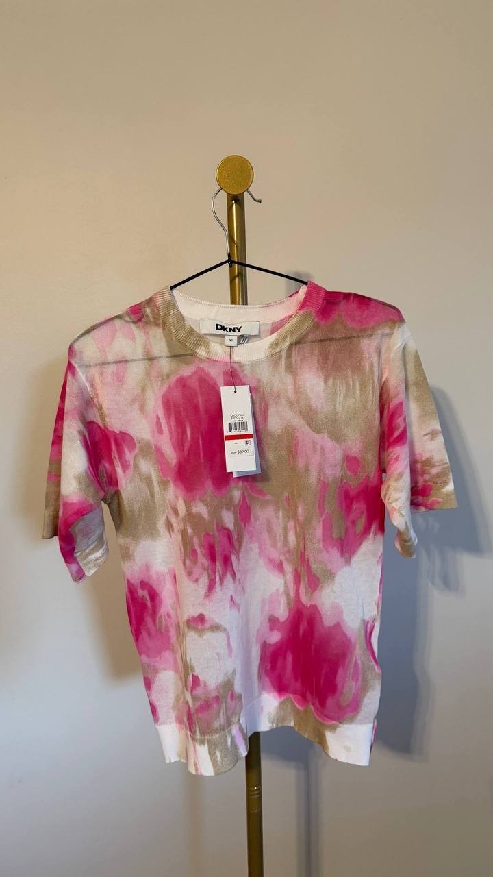 DKNY Watercolor‑Print Short‑Sleeve Sweater Blush Multi XS $89 NWT