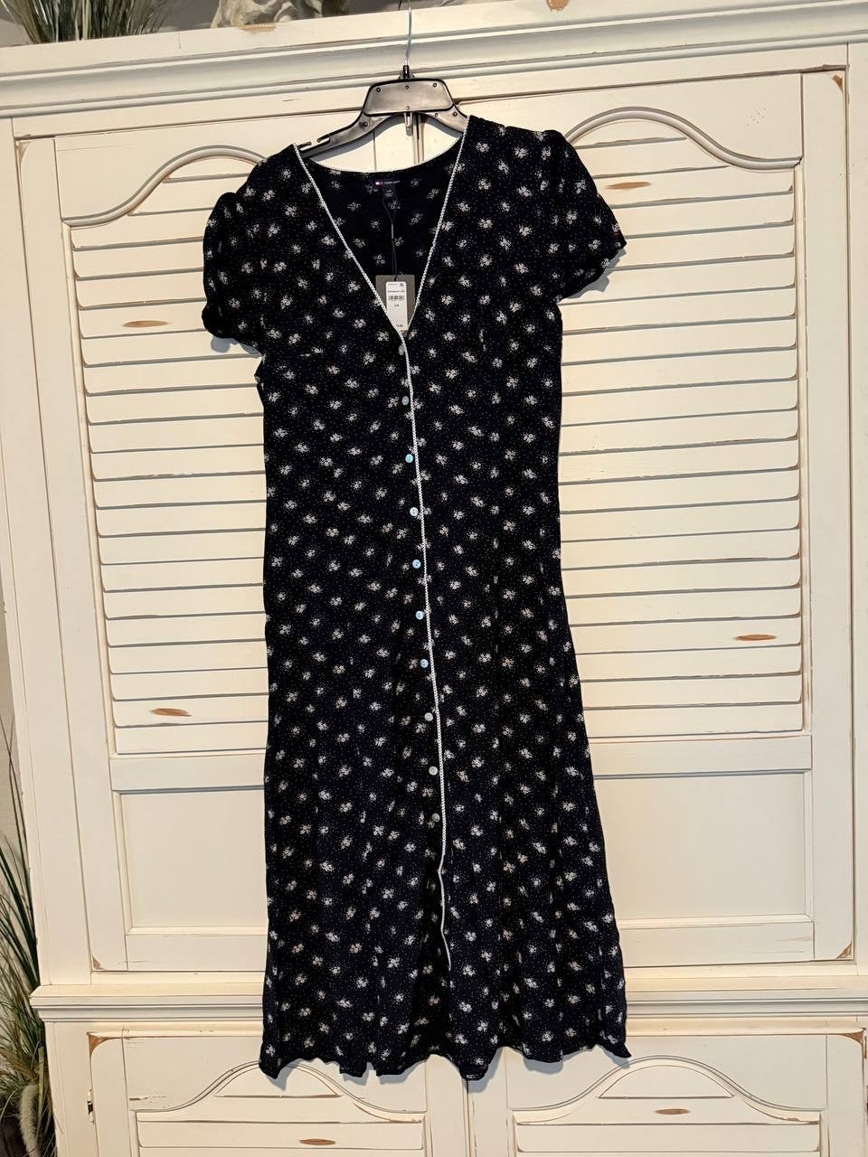 Tommy Hilfiger Floral V-Neck Slim Midi Dress Black Size L/G NWT MSRP $110