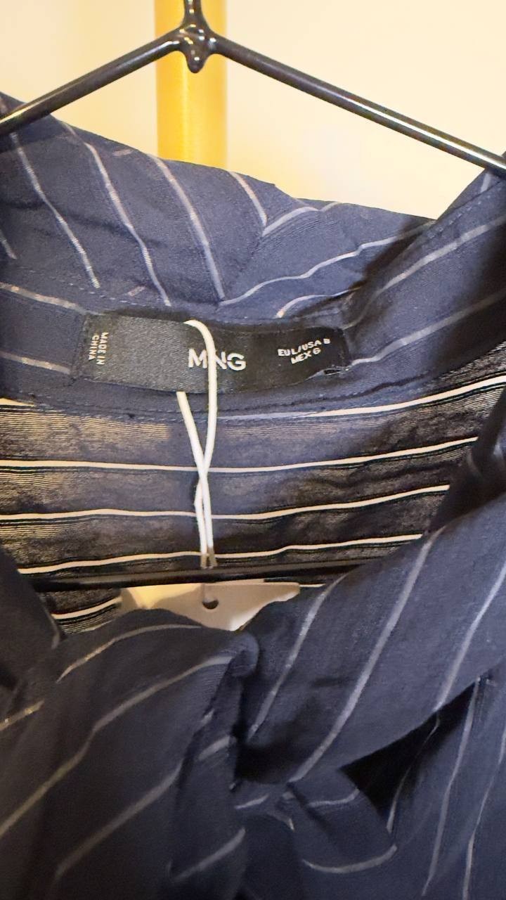 Mango Tie Neck Striped Button Blouse Navy 8 NWT $70