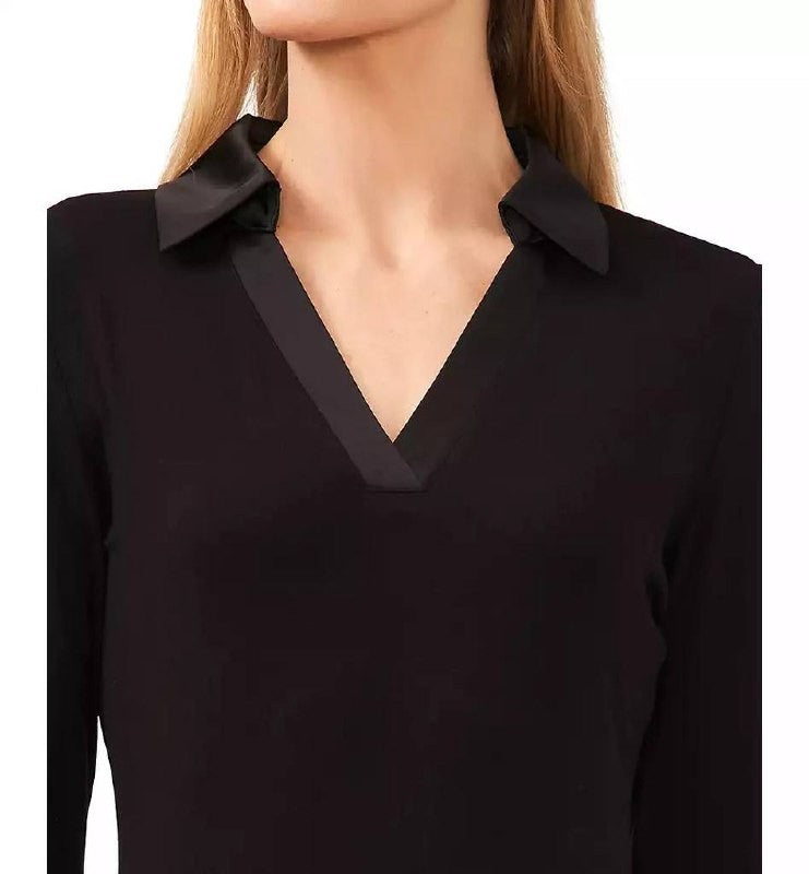 CeCe Collared V‑Neck Long‑Sleeve Top – Black – Size XL – NWT – $49