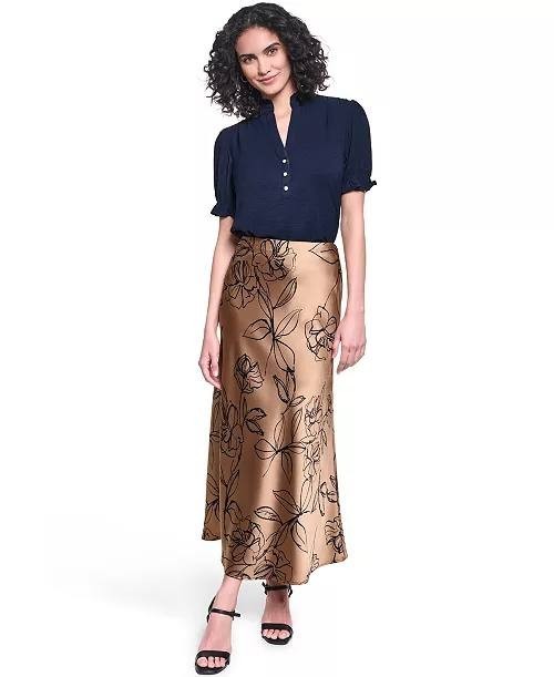 Karl Lagerfeld Floral Satin Maxi Skirt Cartouche/Navy Size 8 NWT $149