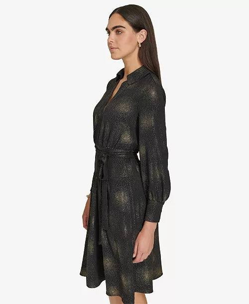 🖤 Calvin Klein Collared Self-Tie Belt A-Line Dress Black Size 8 -- Elegant Chic