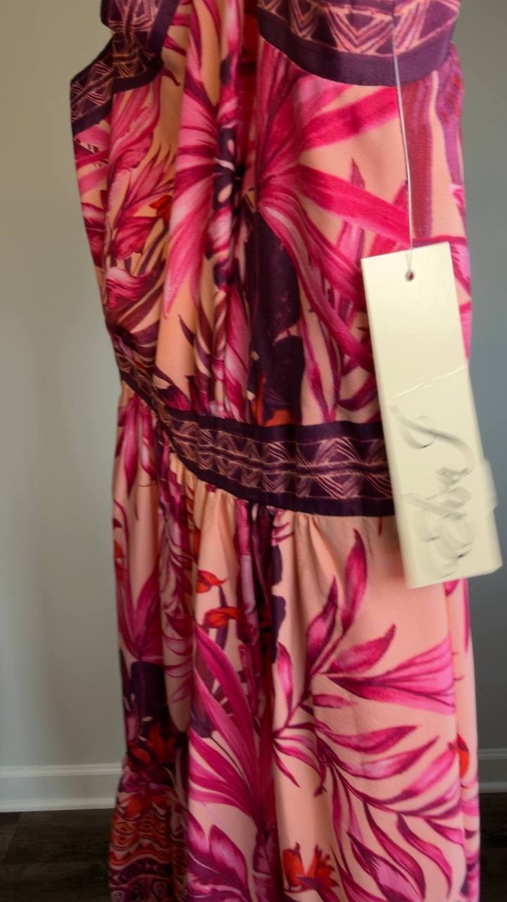 Eliza J Mixed‑Print One‑Shoulder Tiered Midi Dress Floral Multi 2 NWT $158