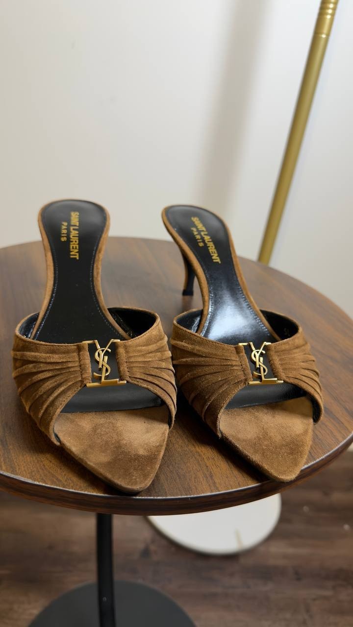 Saint  Laurent  Babylone  Mules  Suede  Dark Havana 37.5  New in Box  $1200
