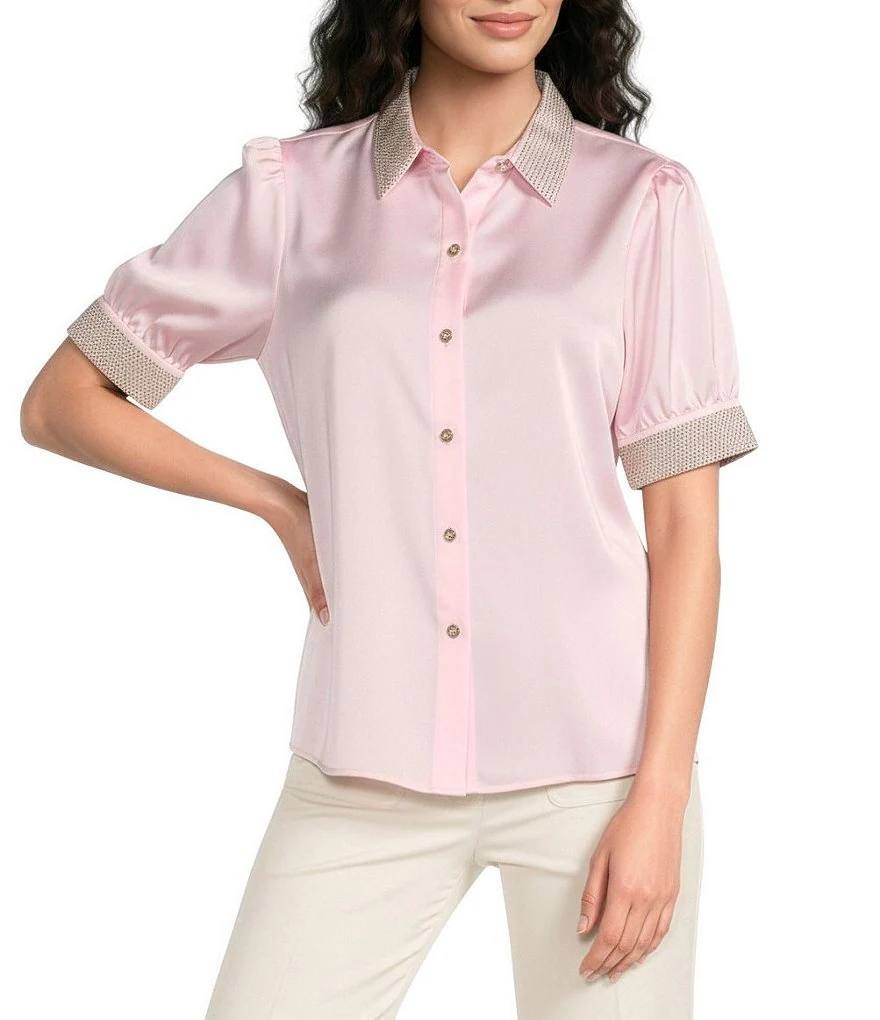 Karl Lagerfeld Paris Satin Stud Beaded Sleeve Blouse Soft Pink L NWOT $109