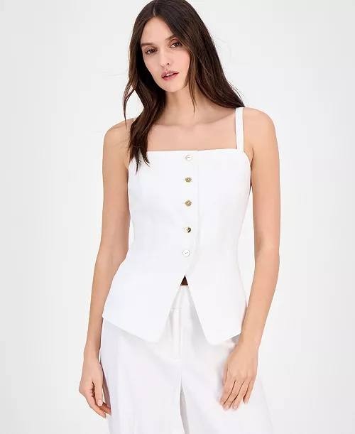 Tahari ASL Women’s Linen‑Blend Button‑Front Tank Vest White 16 $74 NWT