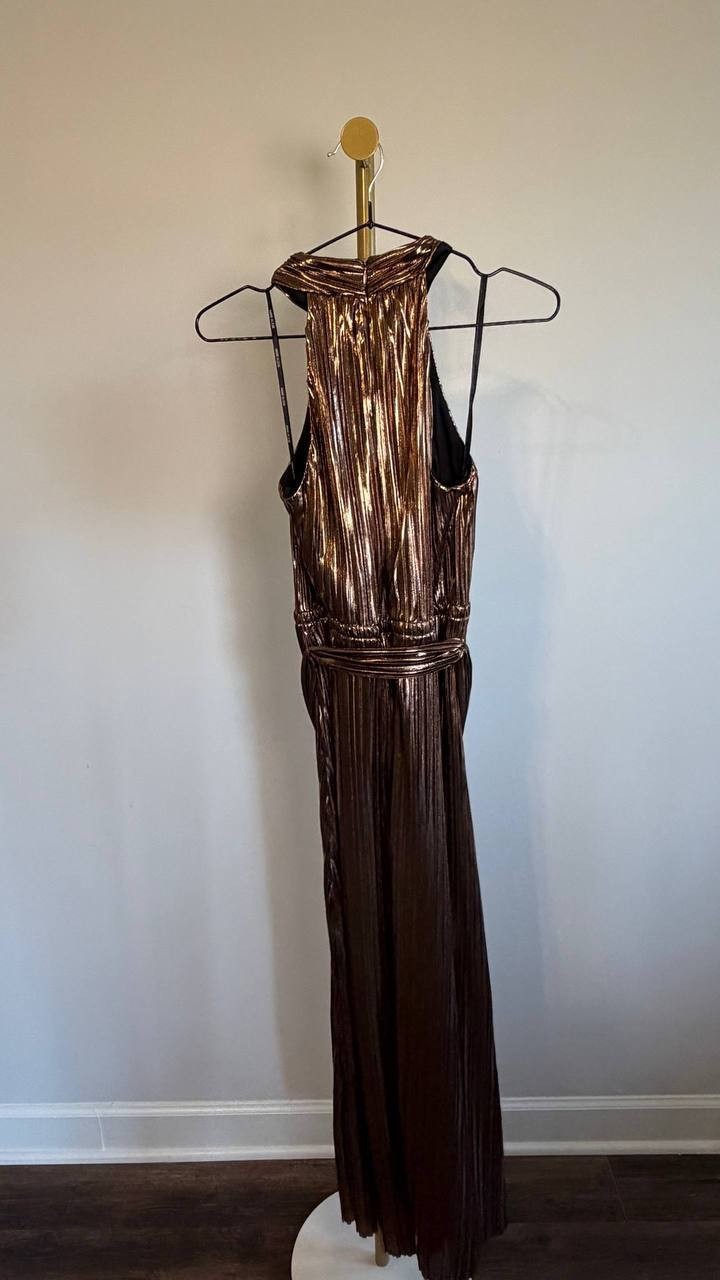 Anne Klein Metallic Mock‑Neck Halter Dress Bronze XS NWT $159