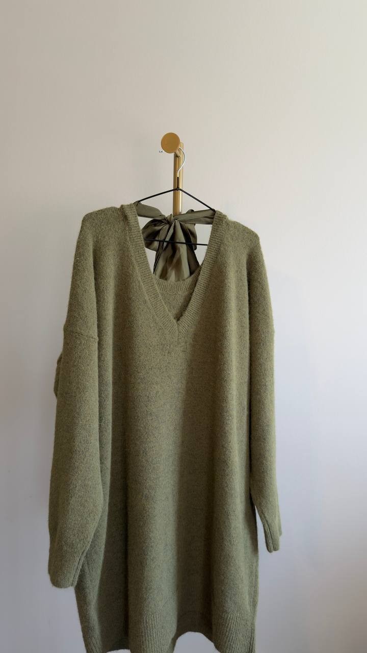 Lands’ End Fuzzy Bow Back Mini Sweater Dress Olive Drab Heather XL NWOT $109.95