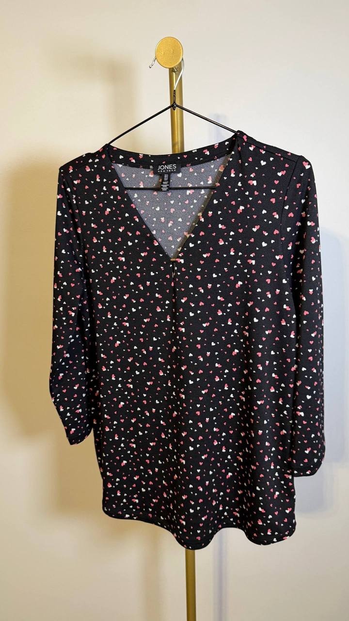 Jones New York Heart‑Print 3/4 Sleeve Crepe Top Black Multi S $59.50 NWT