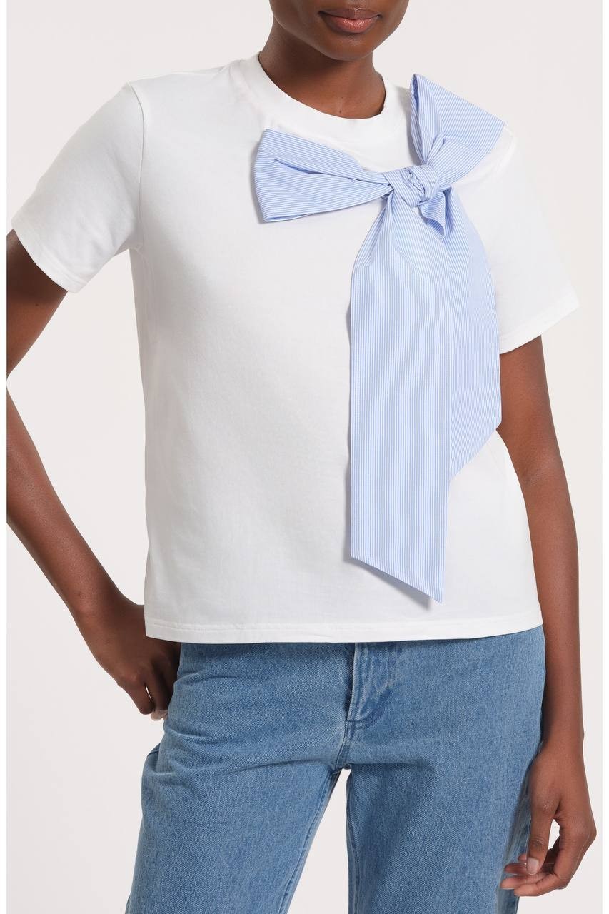 Isaac Mizrahi Striped Bow Stretch Cotton T‑Shirt White/Blue M NWT $84