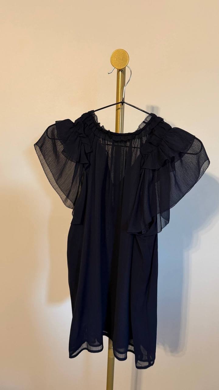Tommy Hilfiger Split‑Neck Flutter‑Sleeve Chiffon Blouse Navy S $79 NWT