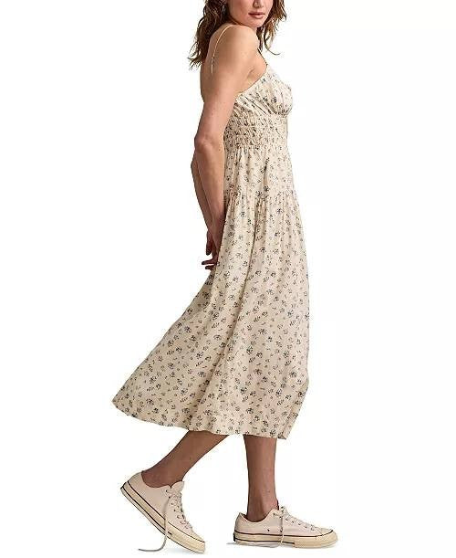 Lucky Brand Dress XXL Cream Multi Floral Smocked Waist Sleeveless Midi Boho