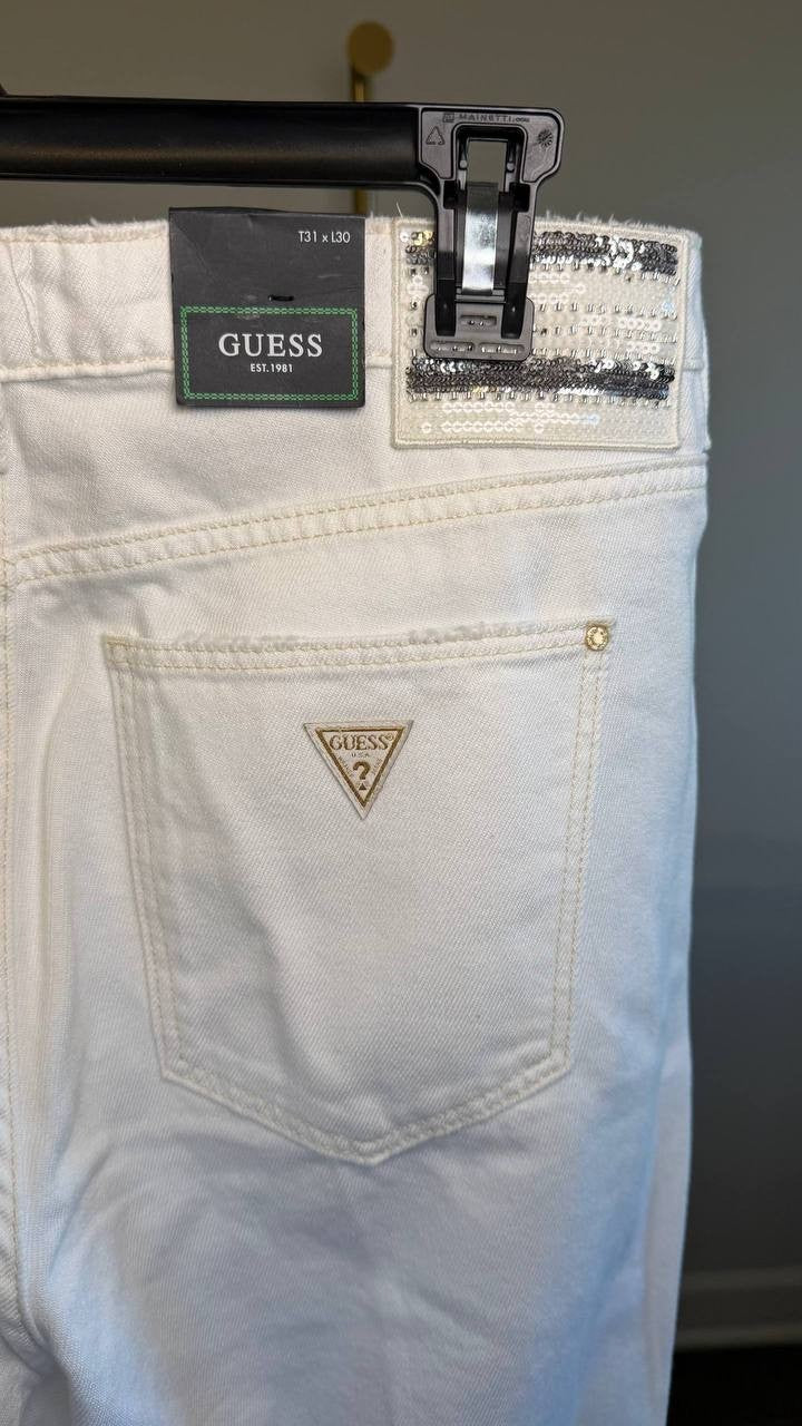 Guess Celia Boyfriend High‑Rise Cuffed‑Hem Jeans White Sensation 31x30 NWT $108