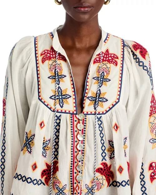 FARM Rio Mary's Tiles Embroidered Blouse Off-White M Cotton Short-Sleeve