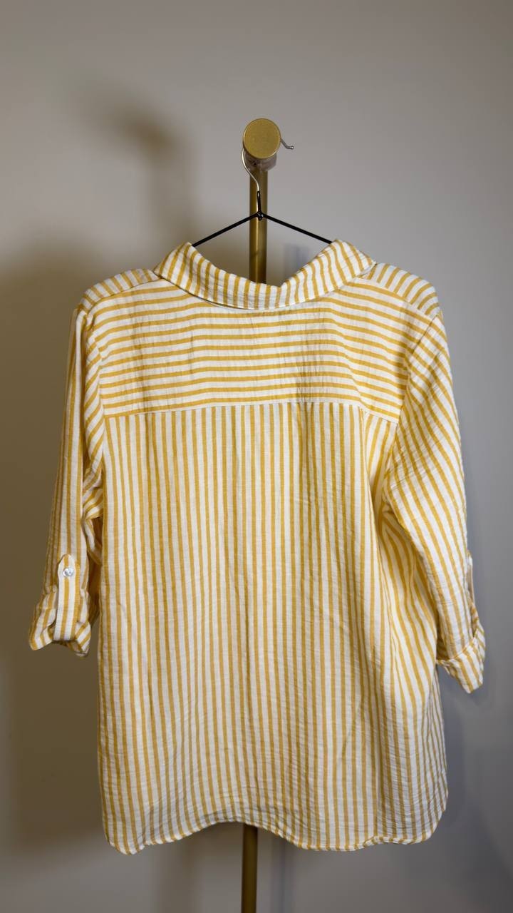 NY Collection 3/4‑Sleeve Roll Tab Button‑Front Top Yellow L NWT $46