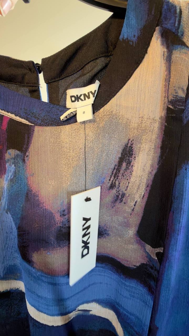 DKNY Printed Blouson Asymmetric-Hem Dress Blue Multi 8 NWT $129