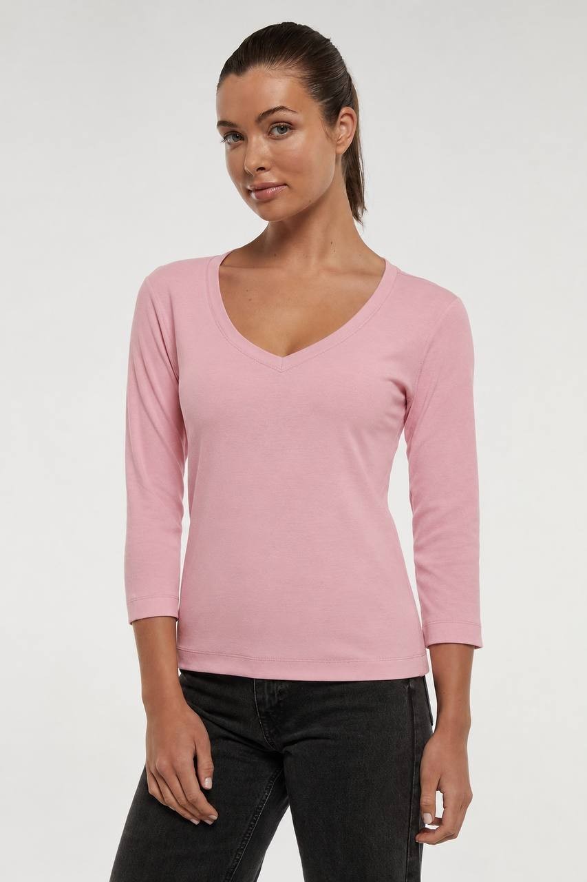 Three Dots Knit 3/4 Sleeve V‑Neck Tee Light Pink XL NWOT $55