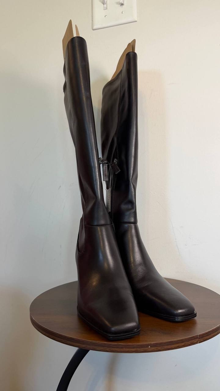 Franco Sarto Jonie Square Toe Zip Tall Boots Black 7.5M Leather $225 NWB