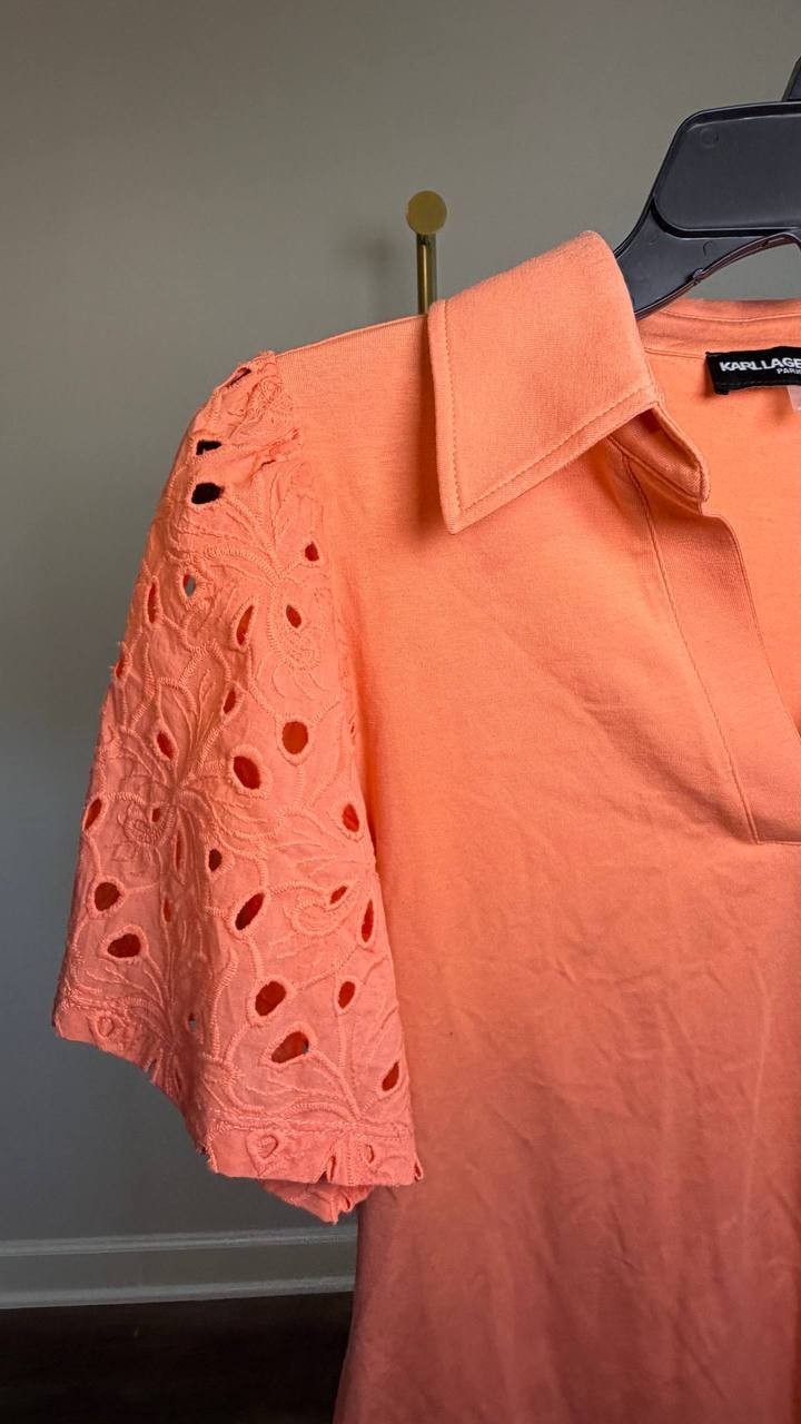 Karl Lagerfeld Paris Eyelet Puff‑Sleeve Collared Top Coral XS NWT $89