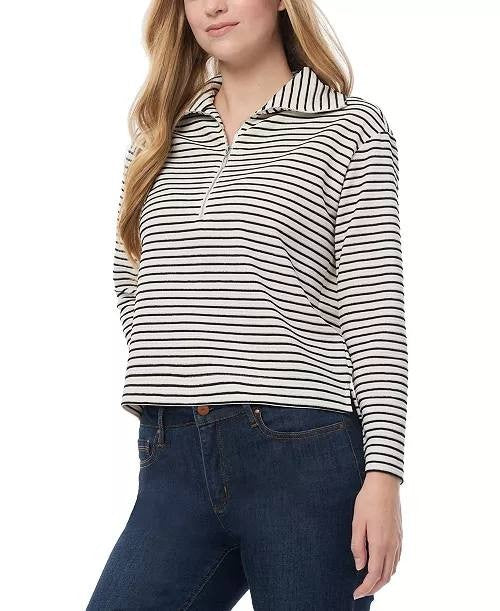 Jones New York Petite Metallic Striped Zip‑Neck Top Black/Silver L NWT $89.50