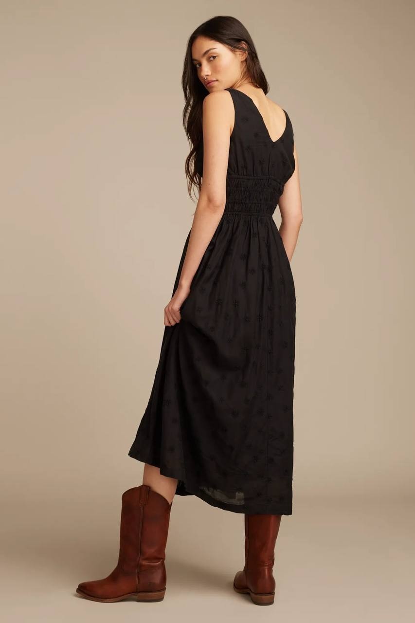 Lucky Brand Dress M Black V-Neck Smocked Waist Midi Flutter Sleeve MSRP $149