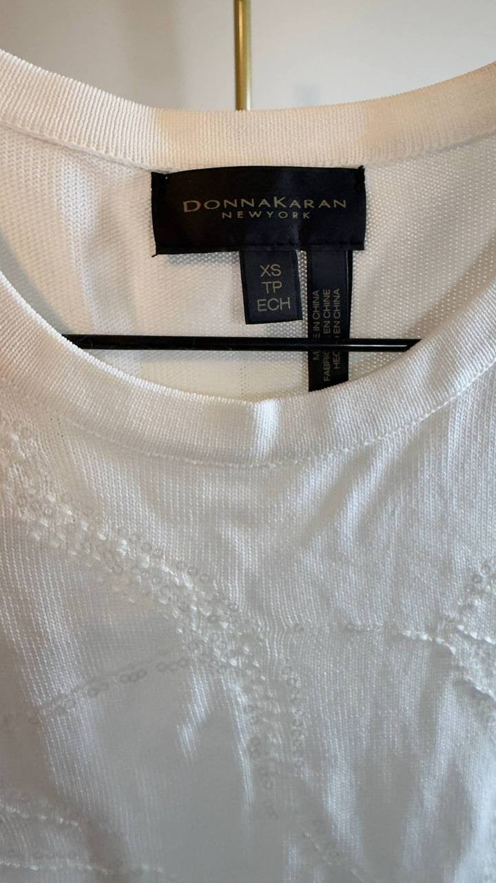 Donna Karan NY Sequin Embellished Short Sleeve Sweater Cream XS NWT $99