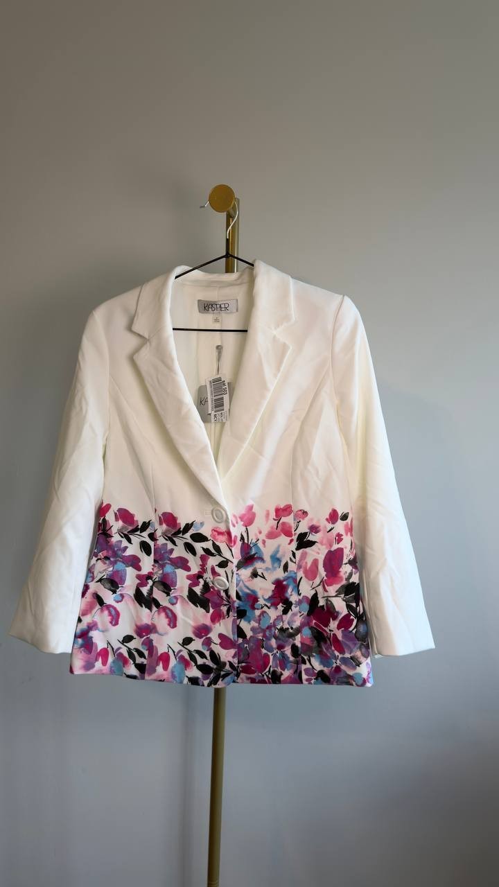 Kasper Petite Floral-Print Double-Button Blazer Limit White Multi 6P NWT $149