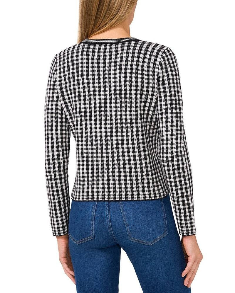 CeCe Gingham Jacquard V-Neck Cardigan Black M Cotton Knit Sweater for Women