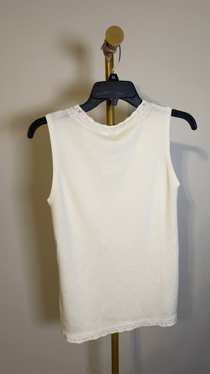 Anne Klein Scallop Trim Sleeveless Sweater White Dove S NWT $69