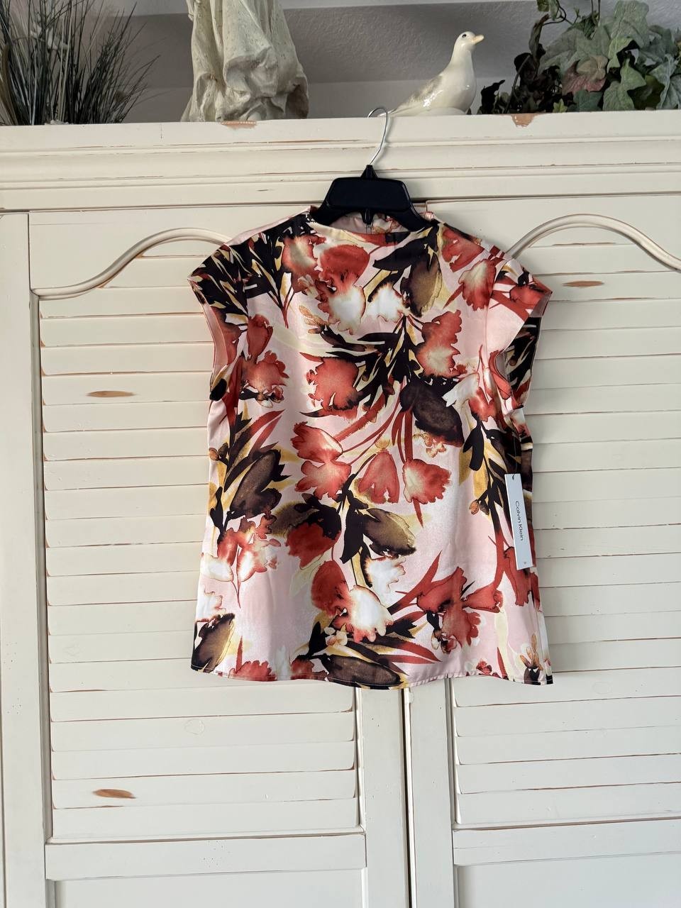 Calvin Klein Mesh Knit Floral Mock Neck Top Size S Pink Multi NWT $69