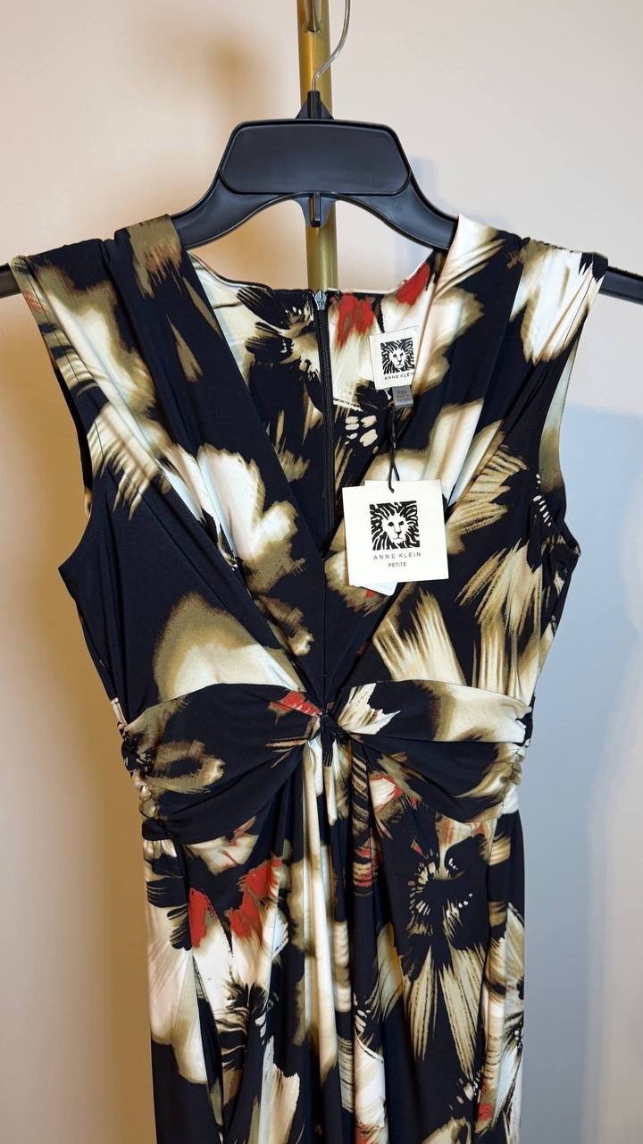 Anne Klein Petite Printed Twist-Front Maxi Dress Black Multi PXS NWT $119
