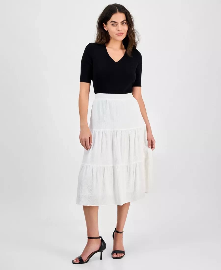 Anne Klein Petite Textured Three‑Tiered Pull‑On Midi Skirt – Size L – NWT – $59