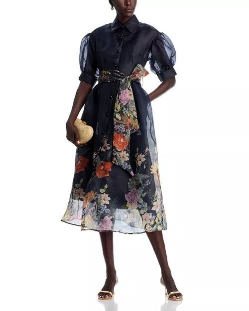 Nancy Yang Floral Print Dress Black Puff Sleeve Belted Size S NWT $195