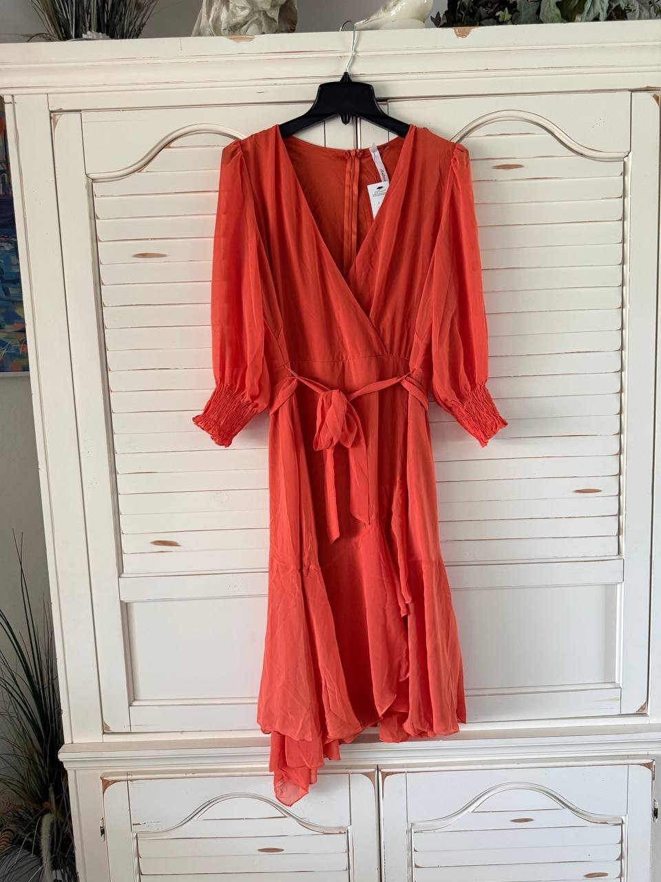 NY Collection Womens Orange 3/4 Sleeve Belted Chiffon Dress Petite Sz PXL