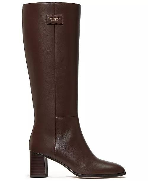 Kate Spade Aimee Tall Leather Boots Brown 6.5B Block Heel NWB $348