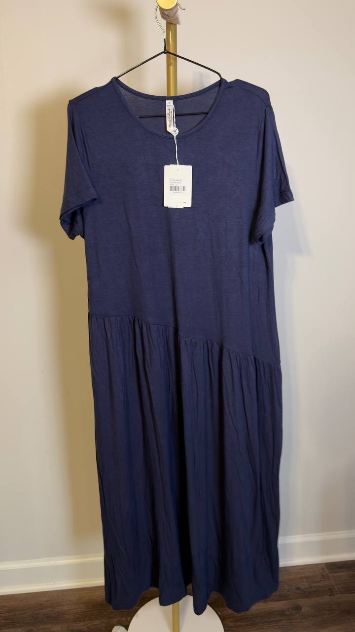 White Mark Women’s Short Sleeve Asymmetrical Waist Maxi Dress Navy L NWT $58